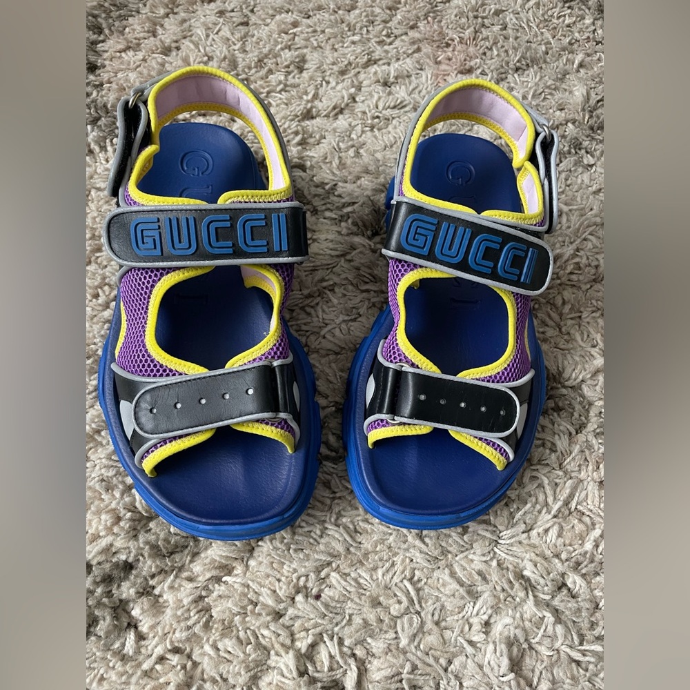 Gucci Sega Aguru Trek Leather Gladiator Men's Sandals Size 9 blue yellow